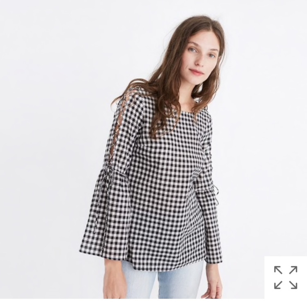 gingham lace-up bell-sleeve top